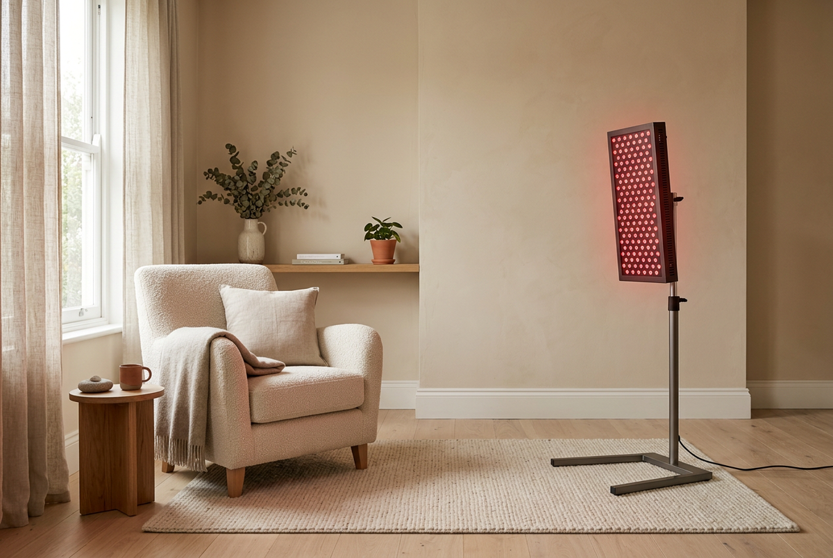 Illustrative home red light therapy setup with an LED panel facing a cream armchair across an open gap.