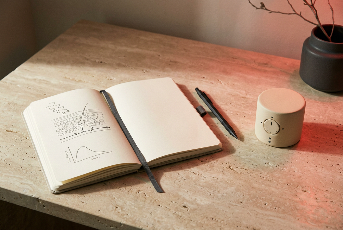 Notebook and timer on a neutral desk illuminated by soft red light