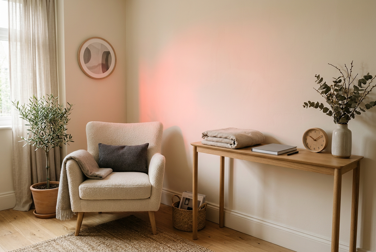 Home wellness corner with an armchair, folded towel and journal beside a softly red-lit wall.
