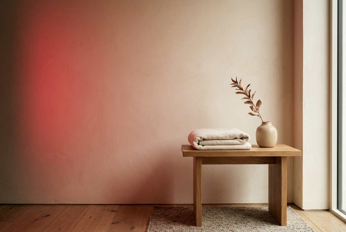 A calm home wellness space with a soft red glow, an oak table and a folded cream towel.