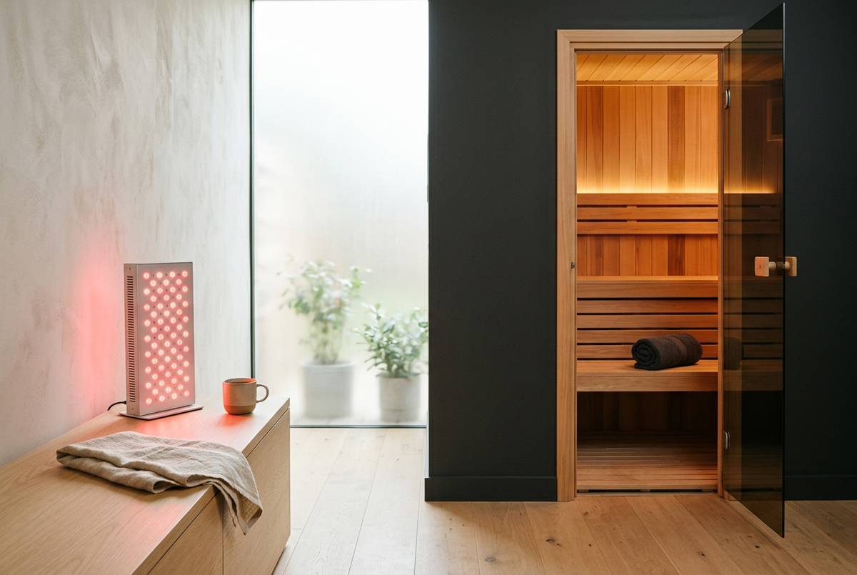 Editorial illustration of a red LED light panel beside a separate wooden infrared sauna in a home wellness space.